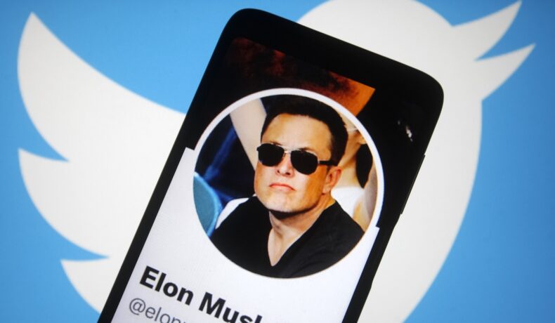Profilul lui Elon Musk de pe Twitter, cu logo-ul platformei pe fundal. Elon Musk susține că unii utilizatori Twitter trebuie să plăteacă pentru acces pe platformă