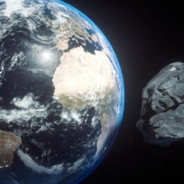 Un asteroid imens care se va apropia de Pământ, pe fundal negru