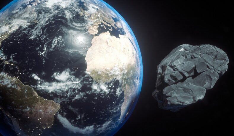 Un asteroid imens care se va apropia de Pământ, pe fundal negru