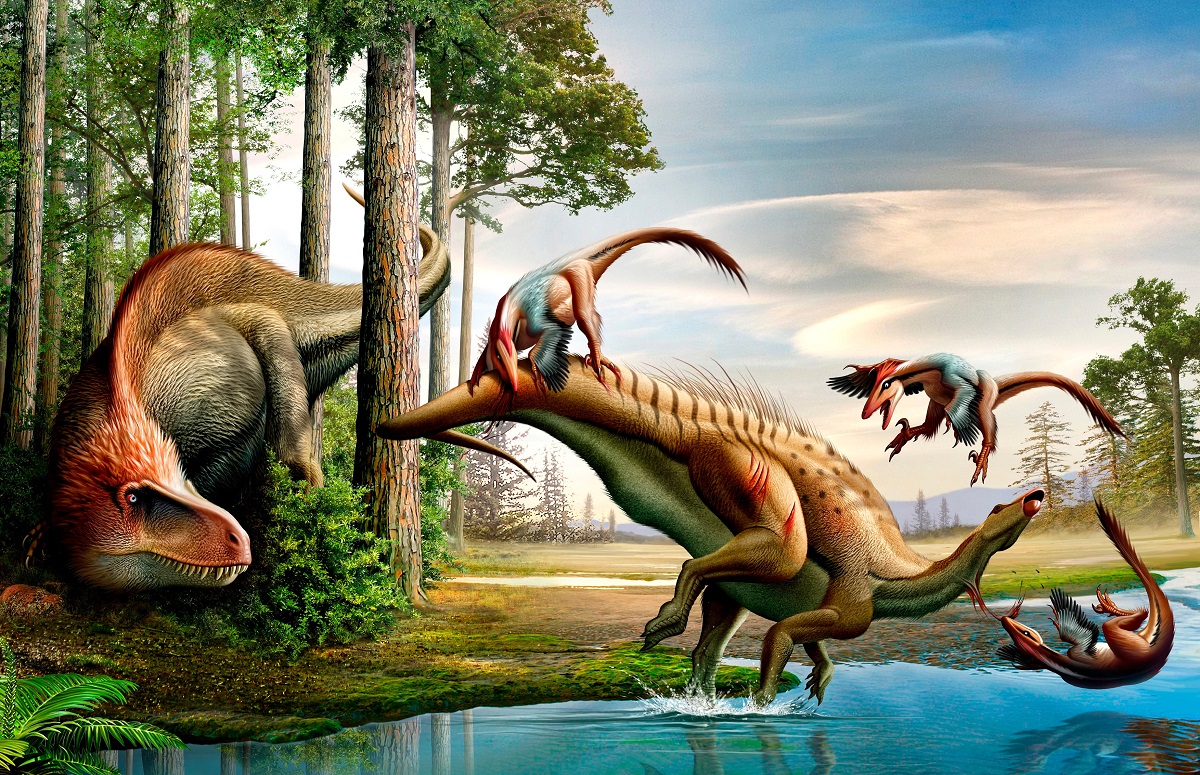 Dinozaurii Deinonychus antirrhopus care atacă un dinozaur ierbivor