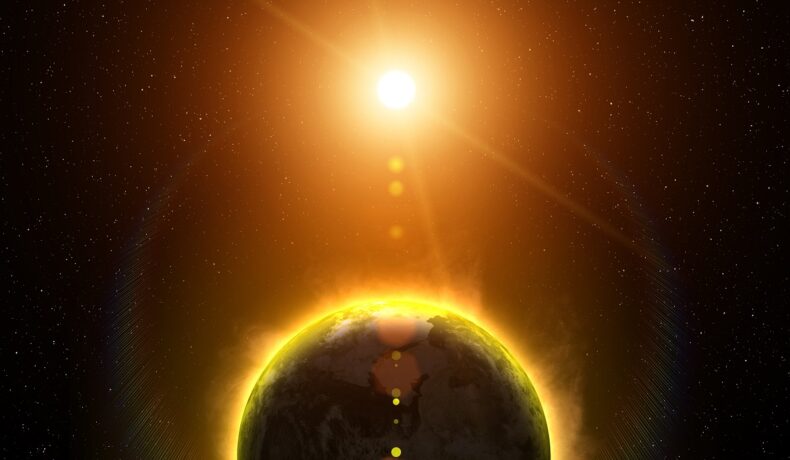 Pământul, în spațiu, pe fundal negru, cu Soarele pe fundal. Recent, cercetătorii MIT ar fi descoperit un mod de a combate încălzirea globală