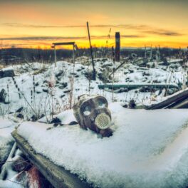 Peisaj apocaliptic, cu o mască nucleară și zăpadă, similară cu ce s-ar întâmpla într-o iarna nucleară provocată de un conflict