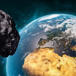 Un asteroid pe fundal negru, cu Pământul, continentul african, în partea dreaptă. Un asteroid imens se îndreaptă spre Pământ