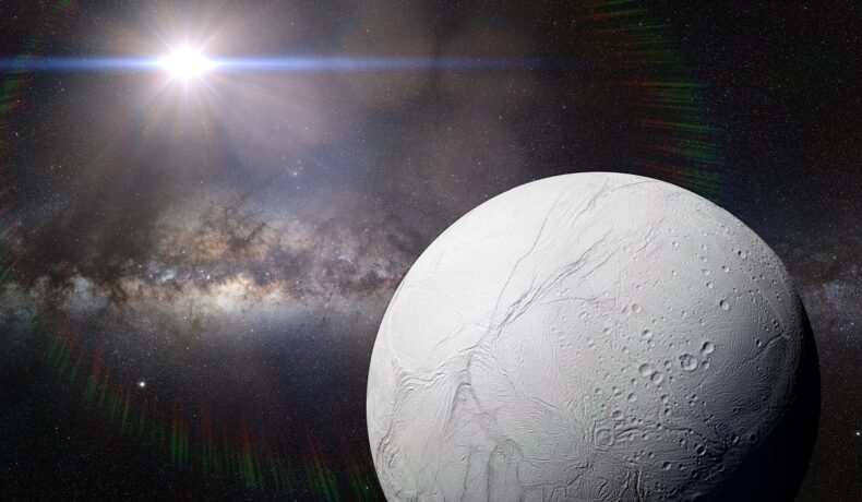 Imagine digitală cu Enceladus, ce are cele 6 elemente necesare vieții, pe fundal negru, cu o stea în colțul dreapta sus