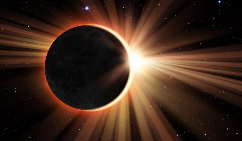 Soarele în eclipsă, pe fundal negru. O erupție solară imensă a izbucnit recent