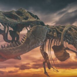 Fosila unui T.rex, pe fundal de apus cu nori, nuanțe de mov și portocaliu. Un studiu recent sugerează că nu un asteroid a dus la dispariția dinozaurilor