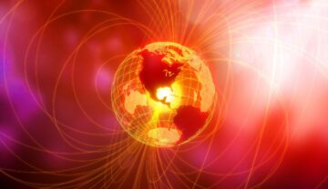 Imagine cu silueta Pământului, în nuanțe de roșu, cu un câmp magnetic. Experții au dezvăluit recent cum se aude câmpul magnetic al Pământului
