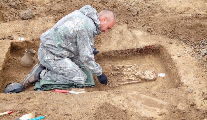 Arheolog care excavează și analizează un schelet, cu pământ bej pe lângă, similar cu sute de schelete găsite în Țara Galilor
