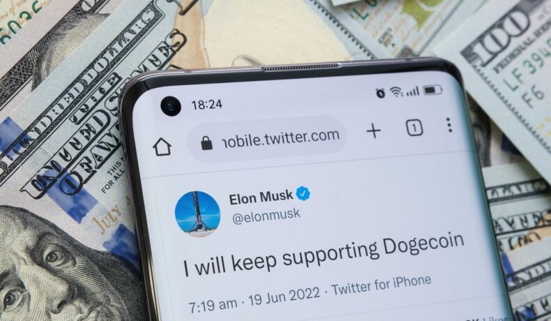 Mobil cu contul personal al lui Elon Musk de pe Twitter, pe fundal cu bani. Musk a dezvăluit recent cât va costa bifa albastră pe Twitter