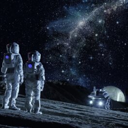 Doi astronauți pe suprafața Lunii, în costume albe, ce va fi posibil după ce va duce NASA elementele necesare supraviețuirii pe Lună