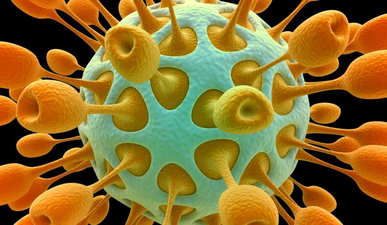 Virus cu albastru și portocaliu, similar cu unele dintre cele mai periculoase virusuri din istorie