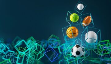 Imagine cu fundal albastru, cuburi digitale și mingi de sport, pentru ghidul pas cu pas 888sport