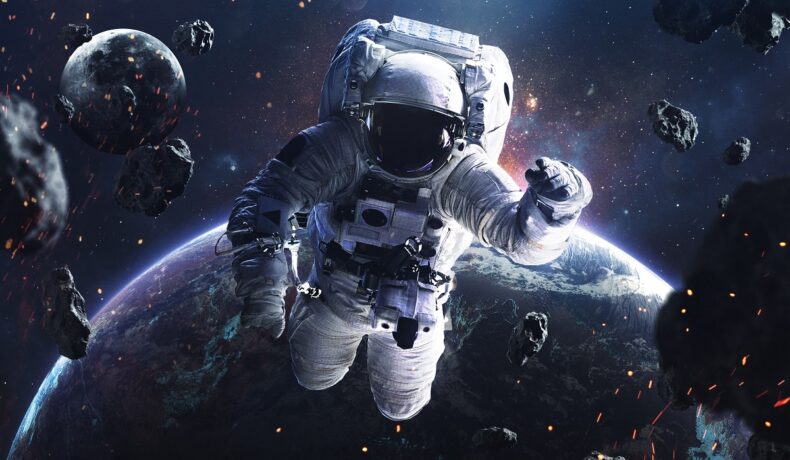 Astronaut în spațiu, cu asteroizi pe lângă el și Pământul pe fundal, pentru a ilustra ce a făcut un astronaut în 1997