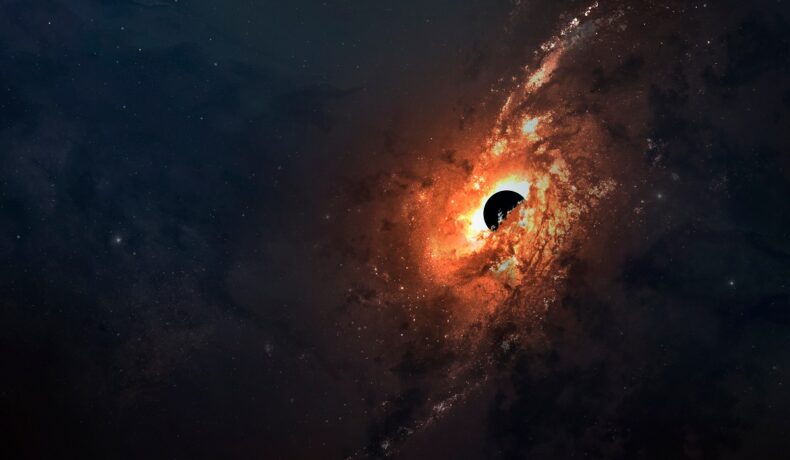 Imagine digitală cu o gaură neagră, cu un cerc portocaliu, pe fundal negru, pentru a ilustra imaginea cu prima gaură neagră supermasivă