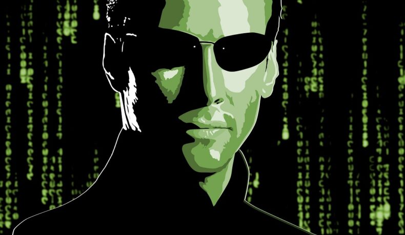 Imagine lui Keanu Reeves drept Neo, în The Matrix, cu codul verde din film pe fundal, ce îneamnă o serie de simboluri japoneze
