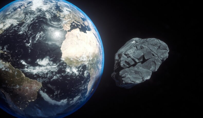 Asteroid care orbitează în jurul Pământului, pe fundal negru, pentru a ilustra de unde ar fi provenit asteroidul neobișnuit kamo'oalewa