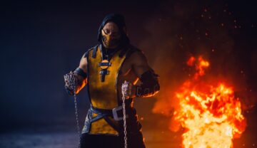 Personajul Scorpion, cu foc pe fundal, care apare și în Mortal Kombat 1