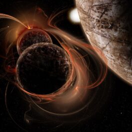 Planete și unde gravitaționale portocalii, pe fundal negru, pentru a ilustra zgomotul de fond al universului