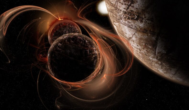 Planete și unde gravitaționale portocalii, pe fundal negru, pentru a ilustra zgomotul de fond al universului