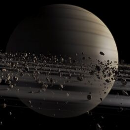 Planeta Saturn, în nuanțe de gri, pe fundal negru, lângă care se află Enceladus, locul din Sistemul Solar în care s-ar putea găsi forme de viață