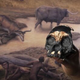 Craniul unui copil din specia Homo naledi, negru cu auriu, ținut în mână de Lee Berger, pe un fundal cu oameni antici, ce face parte din o specie dispărută care își îngropa morții cu 100.000 de ani înaintea oamenilor