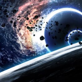 Planetă cu roci cosmice, care pare să fie în apropiere de o gaură neagră, cu o aură albastră, pentru a ilustra sute de structuri antice invizibile