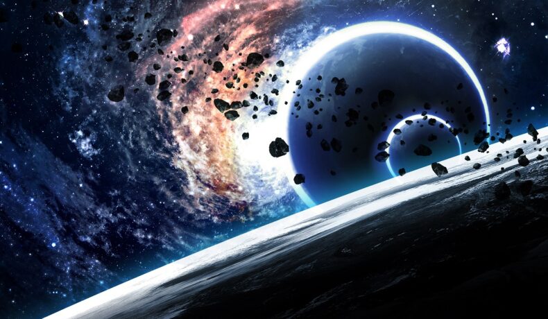 Planetă cu roci cosmice, care pare să fie în apropiere de o gaură neagră, cu o aură albastră, pentru a ilustra sute de structuri antice invizibile