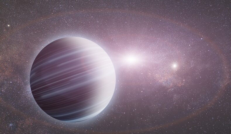 Planetă strălucitoare, în nuanțe de mov și gri, cu o stea pe fundal, similară cu cea mai strălucitoare exoplanetă