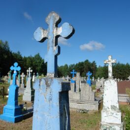 Cruci dintr-un cimitir ortodox, cu una albastră în prim-plan, pentru a ilustra cel mai rău mod în care poți muri