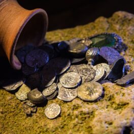 Oală de lut din acre curg monede de argint, pe o piatră, la fel ca o descoperire inedită în România