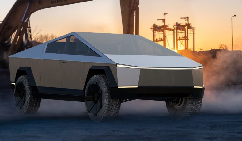 Mașină Cybertruck, creată de Tesla, pe fundal cu un apus, în care nu se vede cum arată interiorul mașinii