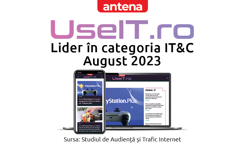 O imagine cu fundal alb, pe care sunt prezente un telefon și un laptop cu știri de pe site-ul UseIT.ro, care e lider de audiență în luna august 2023