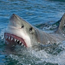 Botul unui mare rechin alb care iese din apă și i se văd dinții, pentru a ilustra cum rechinii albi au fost atât de speriați încât au părăsit coasta Africii