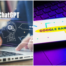 colaj ChatGPT vs Google Bard. Chatgpt apare ca un logo deasupra unui laptop la care scrie un utilizator și Google Bard apare pe ecranul unui smartphone