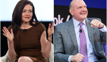 Colaj cu Sheryl Sandberg și Steve Ballmer, printre miliardarii care nu și-au moștenit averile. Sheryl e îmbrăcată în rochie maro, Ballmer poartă un costum gri, cu o cravată mov