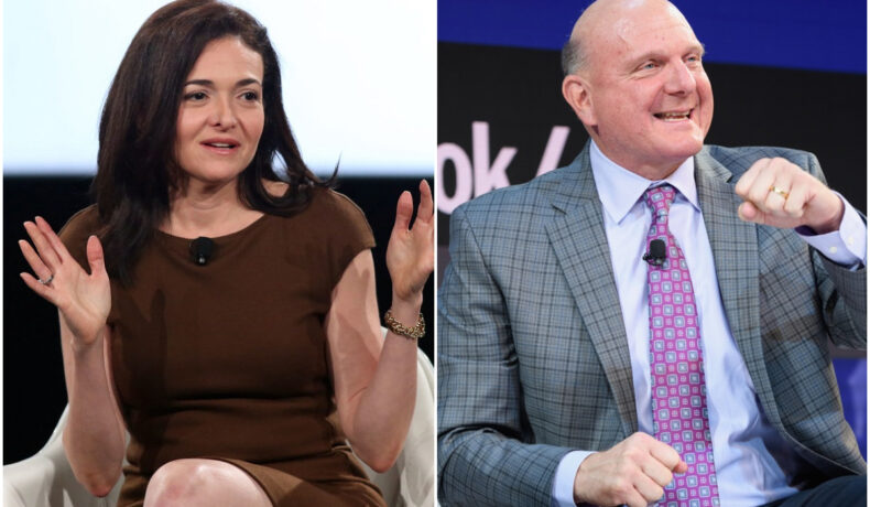 Colaj cu Sheryl Sandberg și Steve Ballmer, printre miliardarii care nu și-au moștenit averile. Sheryl e îmbrăcată în rochie maro, Ballmer poartă un costum gri, cu o cravată mov